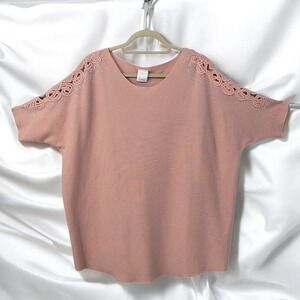 Luna Knit Top Rhinestone Embellished Lace Sleeve Detail‎ Sweater Woman 1X Pink